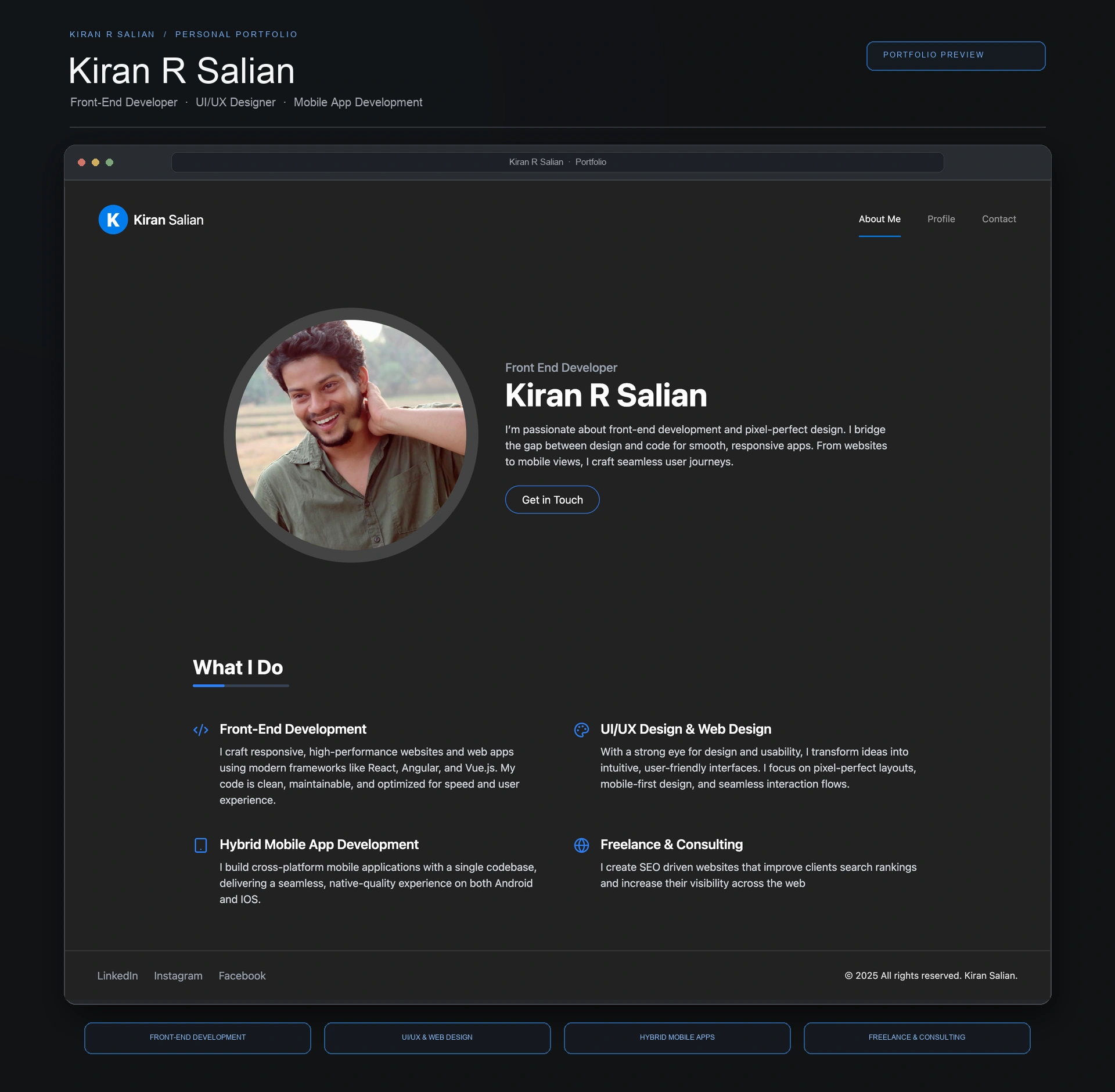 Illustrated preview of the Kiran Salian website layout on desktop and mobile