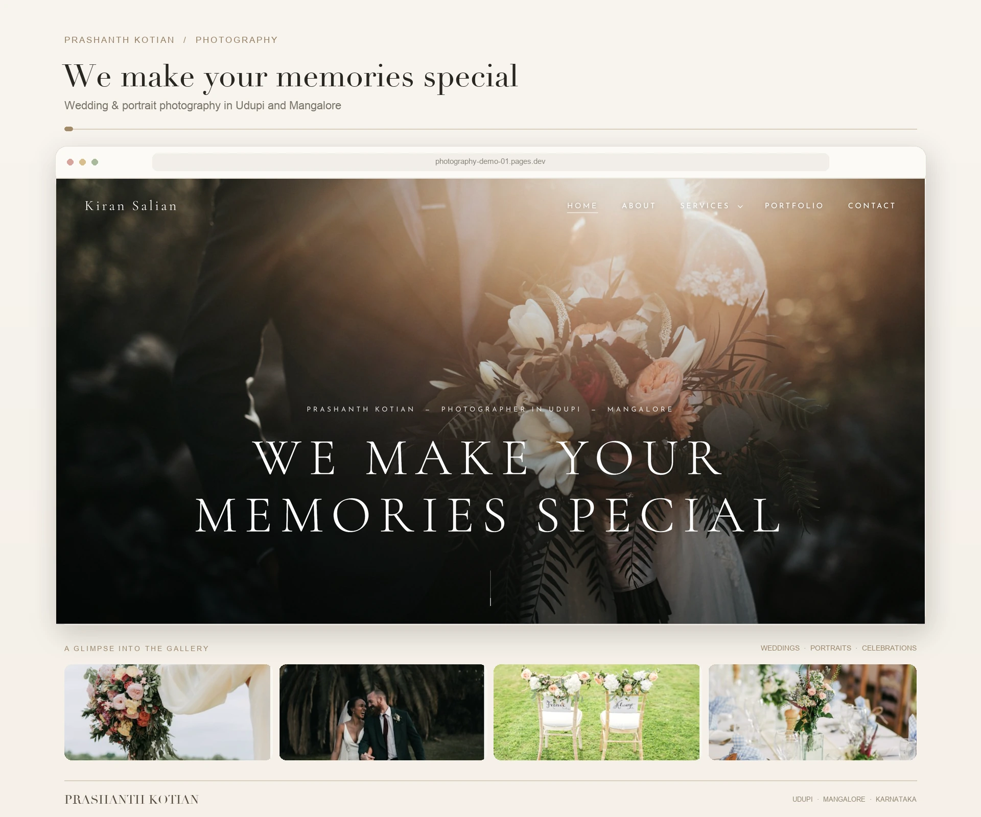 Illustrated preview of the Photography Studio website layout on desktop and mobile